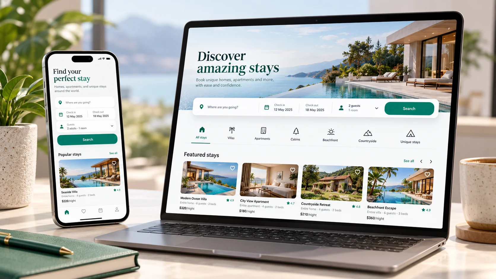 Illustration of an accommodation booking application on mobile and desktop